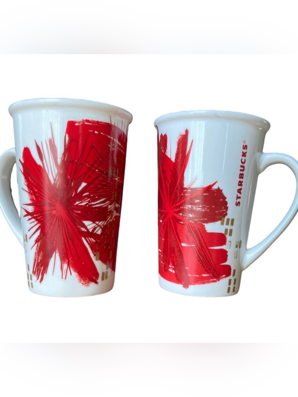 Starbucks 2014 Holiday Red Starburst Ceramic Tall 12 oz Pair of Coffee Mugs